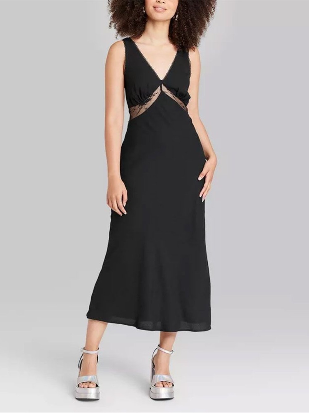 wild fable Black Midi Dress with Sheer Waist Panels